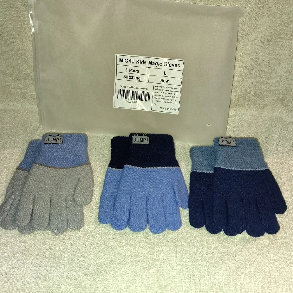 Kid's Blue and Gray Knit Gloves 3 Sets Size 6-10 Youth Boys Or Girls